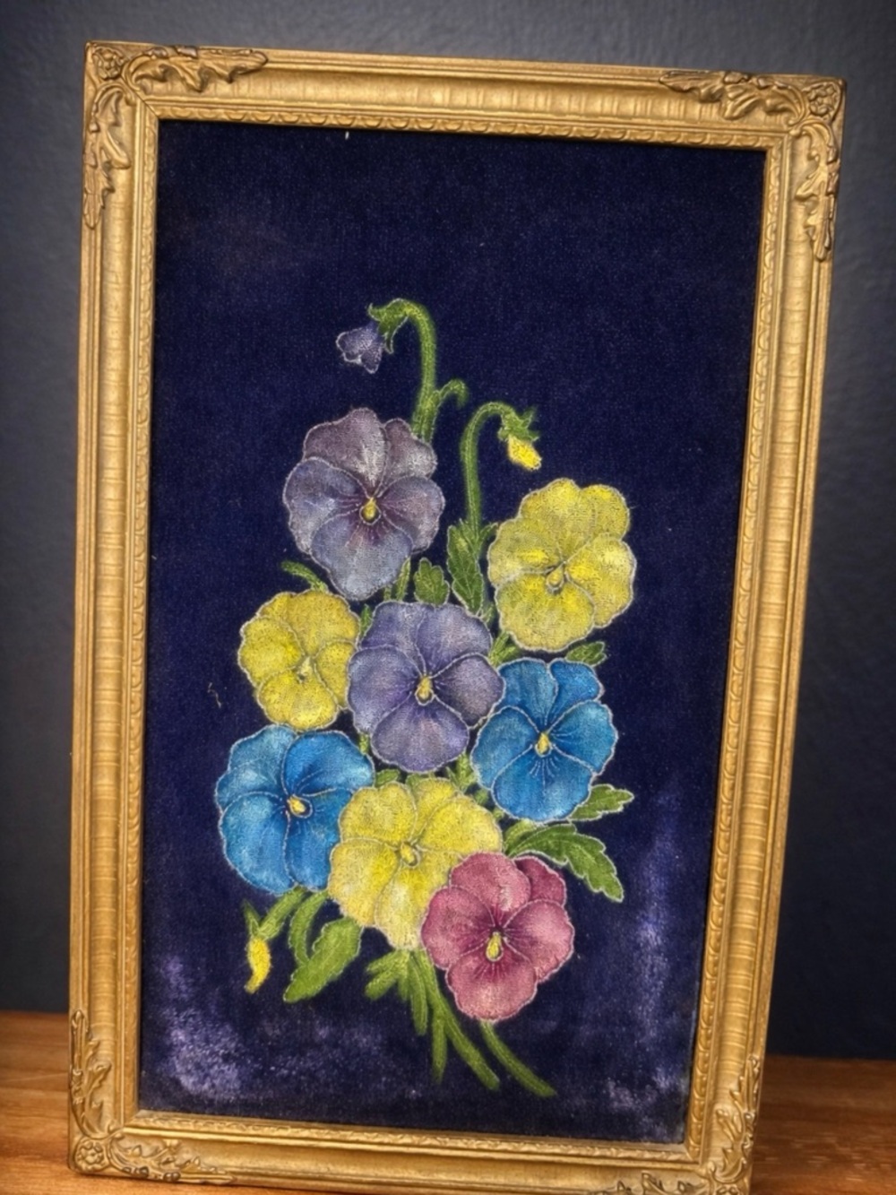 Antique Oil Painting on Velvet. Circa Early 1900s Pansy Bouquet  Framed Floral